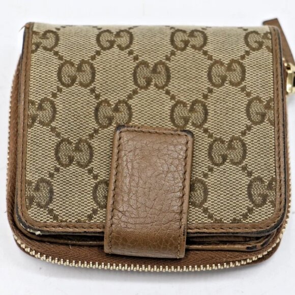 Gucci Beige/Brown GG Canvas and Leather Emblem Zip Mini Wallet - Picture 1 of 13